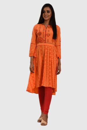 Orange Linen Printed Embroidered Kurti; Handicrafts; Kay Kraft; Bangladesh; Fashion; Textiles; Bangladeshi Fashion