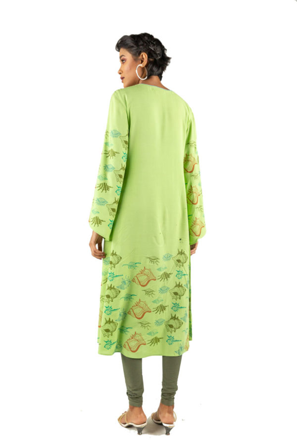 Sea Green Linen Printed Embroidered Kurti; Handicrafts; Kay Kraft; Bangladesh; Fashion; Textiles;