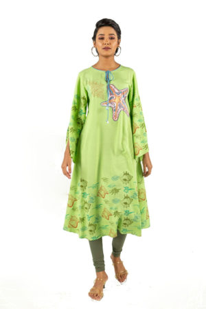Sea Green Linen Printed; Embroidered Kurti; Handicrafts; Kay Kraft; Bangladesh; Fashion; Textiles;