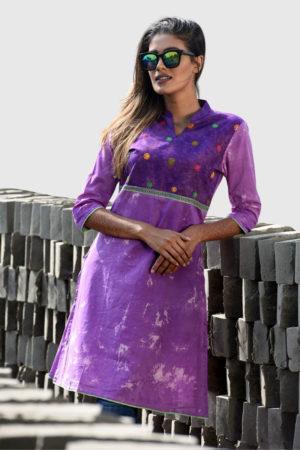 Violet Cotton Printed, Embroidered Tie-Dyed Kurti; Handicrafts; Kay Kraft; Bangladesh; Fashion; Textiles; Bangladeshi Fashion