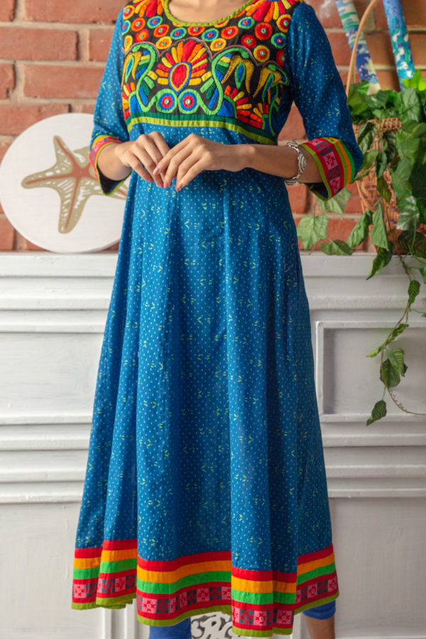 Sky Blue Voile Printed Hand Embroidered Long Kurti; Handicrafts; Kay Kraft; Bangladesh; Fashion; Textiles; Bangladeshi Fashion