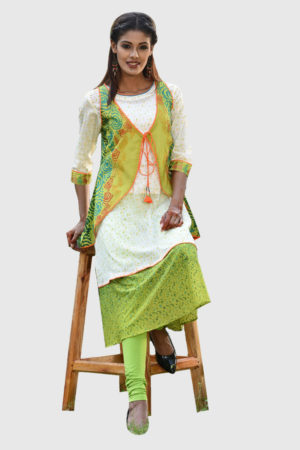 Off White Cotton Printed Tassel Kurti with Coaty; Handicrafts; Kay Kraft; Bangladesh; Fashion; Textiles; Bangladeshi Fashion
