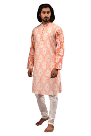 Orange Cotton Printed Panjabi; Handicrafts; Kay Kraft; Bangladesh; Fashion; Textiles;
