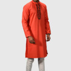 Coral Red Cotton Karchupi Ornamented Panjabi; Handicrafts; Kay Kraft; Bangladesh; Fashion; Textiles;