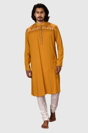 Yellow Ochre Linen Printed Panjabi; Handicrafts; Kay Kraft; Bangladesh; Fashion; Textiles;