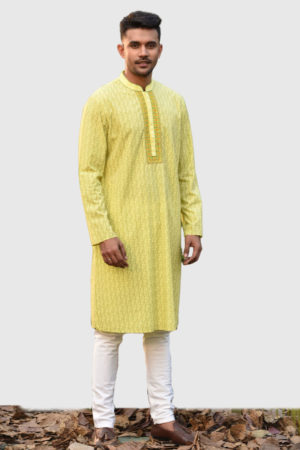 Lemon Yellow Linen Printed; Embroidered Panjabi; Handicrafts; Kay Kraft; Bangladesh; Fashion; Textiles;
