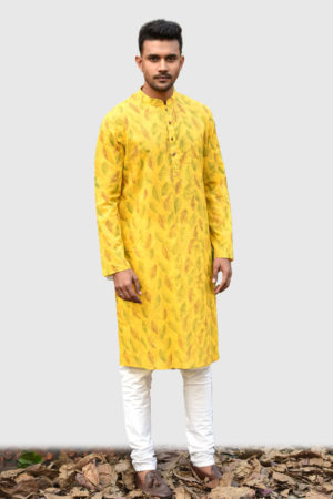 Yellow Cotton Printed Panjabi; Handicrafts; Kay Kraft; Bangladesh; Fashion; Textiles;