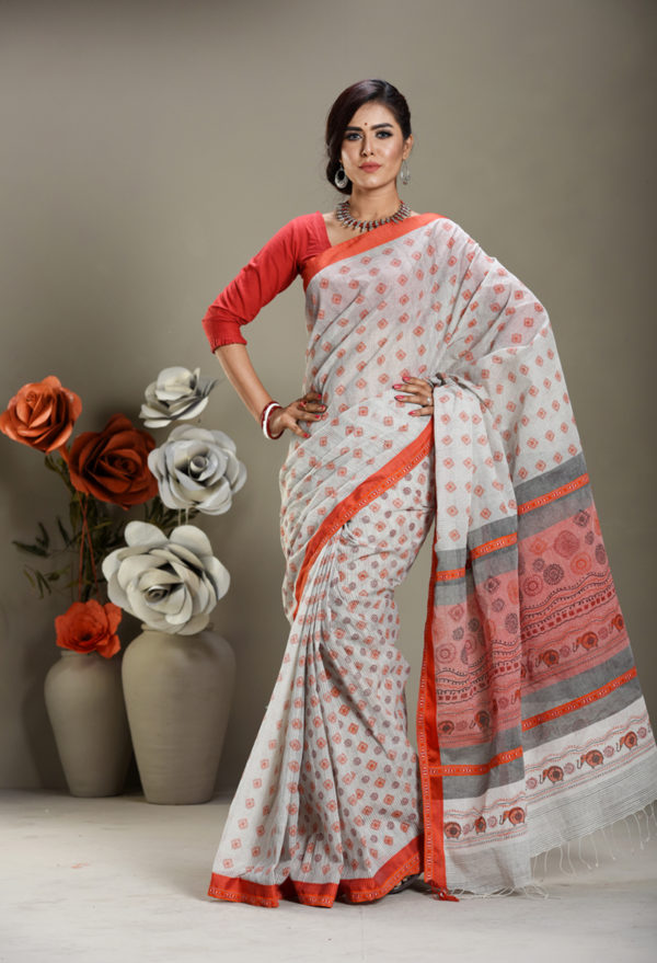 Off White Cotton Printed Saree; Handicrafts; Kay Kraft; Bangladesh; Fashion; Textiles;