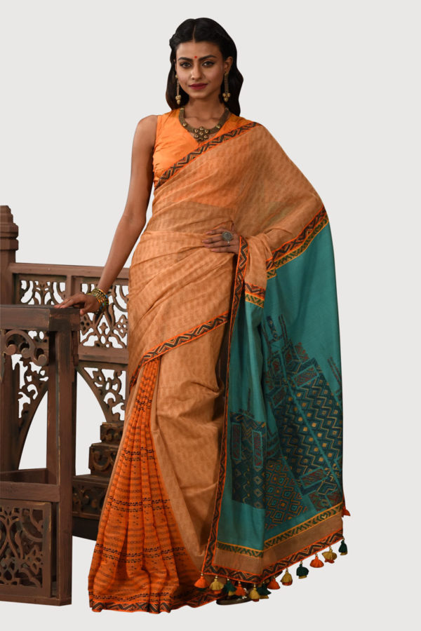 Peach Cotton Printed, Embroidered; Tie-dyed Saree; Handicrafts; Kay Kraft; Bangladesh; Fashion; Textiles;
