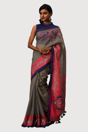 Ash Half Silk Printed; Embroidered Saree; Handicrafts; Kay Kraft; Bangladesh; Fashion; Textiles;