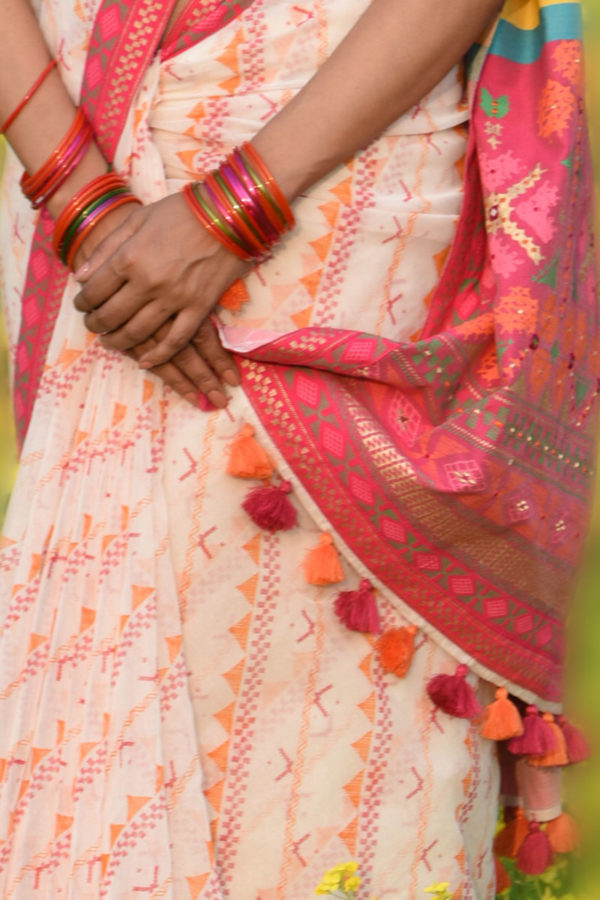 White Half Silk Printed, Embroidered; Tie-Dyed Saree; Handicrafts; Kay Kraft; Bangladesh; Fashion; Textiles;