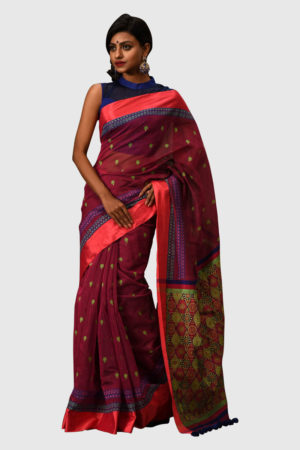 Cherry Half Silk Printed Saree; Embroidered with Tassel Saree; Handicrafts; Kay Kraft; Bangladesh; Fashion; Textiles;