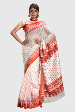 Off White Half Silk Printed Saree; Handicrafts; Kay Kraft; Bangladesh; Fashion; Textiles;