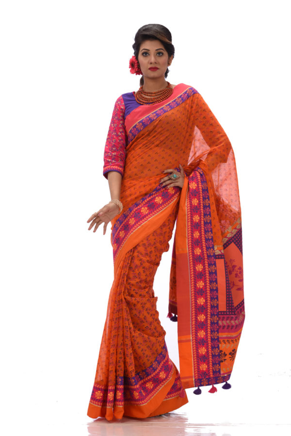 Orange Half Silk Printed Saree; Handicrafts; Kay Kraft; Bangladesh; Fashion; Textiles;