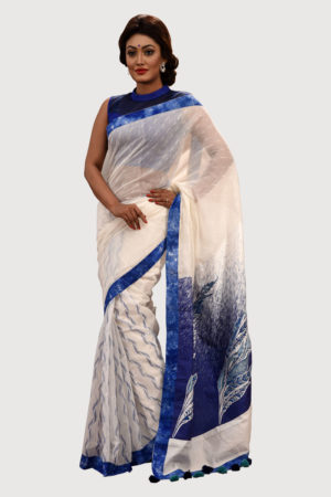 Off White Printed; Embroidered Saree; Handicrafts; Kay Kraft; Bangladesh; Fashion; Textiles;