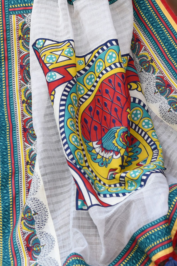 White Muslin Printed; Tie-Dyed Saree; Handicrafts; Kay Kraft; Bangladesh; Fashion; Textiles;