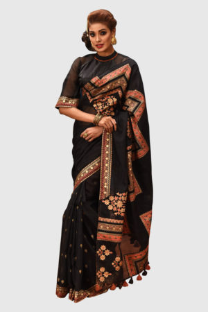 Black Muslin Printed & Embroidered with Tassel Saree; Handicrafts; Kay Kraft; Bangladesh; Fashion; Textiles;