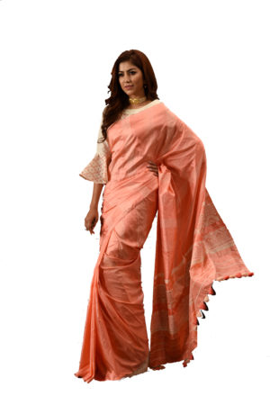 Peach Silk Printed with Tassel Saree; Handicrafts; Kay Kraft; Bangladesh; Fashion; Textiles;