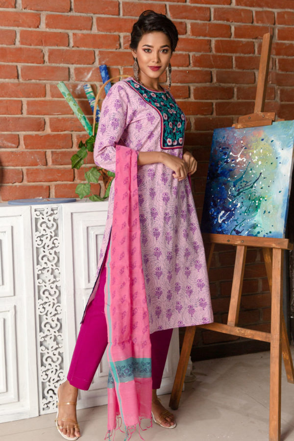 Lavender Cotton Printed; Hand Embroidered Salwar Kameez; Handicrafts; Kay Kraft; Bangladesh; Fashion; Textiles;
