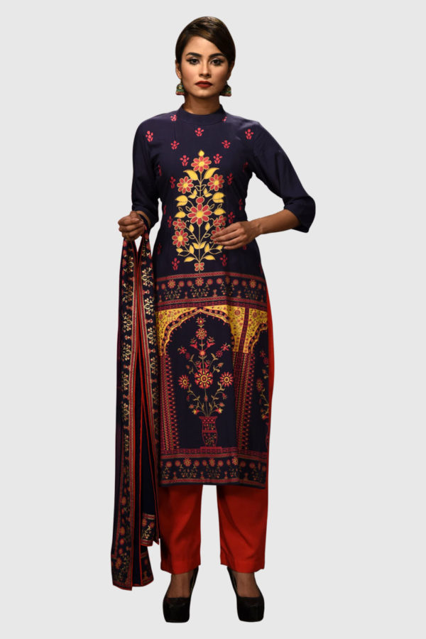 Blue Linen Printed & Tie-dyed Salwar Kameez; Handicrafts; Kay Kraft; Bangladesh; Fashion; Textiles; Bangladeshi Fashion