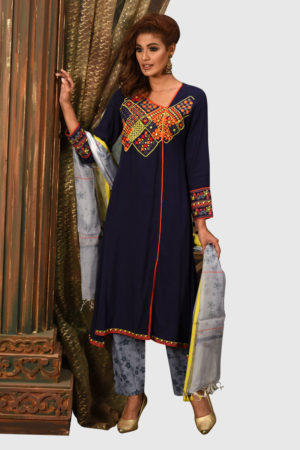 Blue Linen Printed & Hand Embroidered Salwar Kameez; Handicrafts; Kay Kraft; Bangladesh; Fashion; Textiles; Bangladeshi Fashion