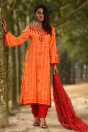 Orange Linen Printed & Embroidered Salwar Kameez; Handicrafts; Kay Kraft; Bangladesh; Fashion; Textiles; Bangladeshi Fashion