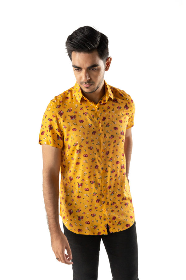 Pale Yellow Linen Printed Smart Casual Shirt; Handicrafts; Kay Kraft; Bangladesh; Fashion; Textiles;
