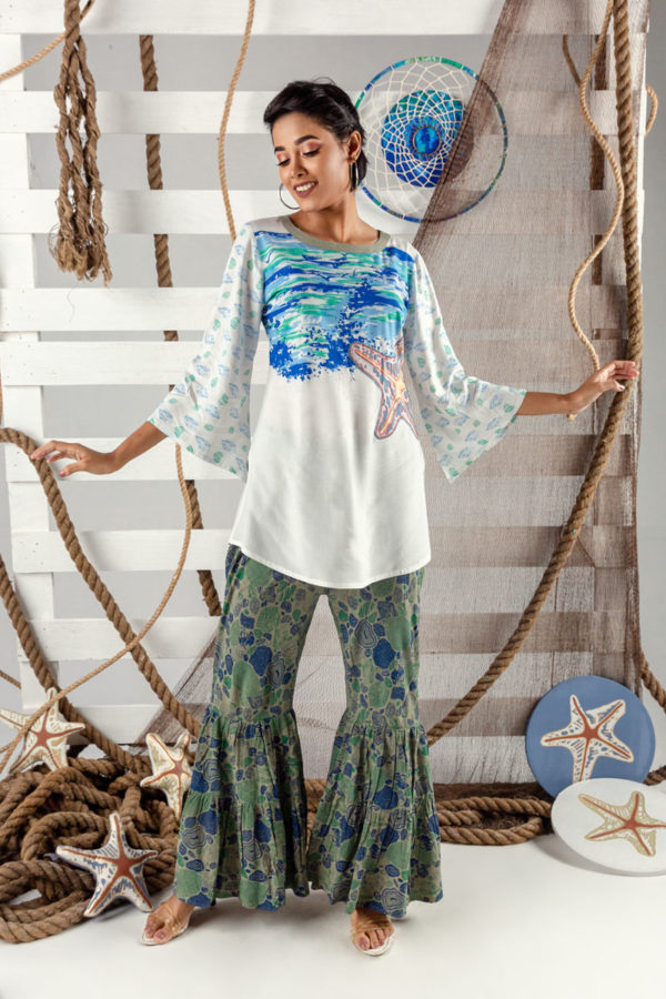 Linen Printed Embroidered Top with Sarara; Handicrafts; Kay Kraft; Bangladesh; Fashion; Textiles; Bangladeshi Fashion