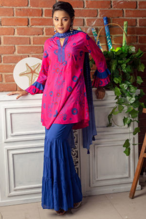 Linen Printed, Embroidered; Tie-dyed Top with Sharara; Dupatta; Kay Kraft; Bangladesh; Fashion; Textiles;