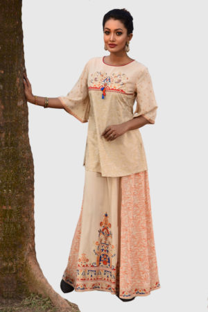 Brown Linen Printed Embroidered Top with Skirt; Handicrafts; Kay Kraft; Bangladesh; Fashion; Textiles; Bangladeshi Fashion