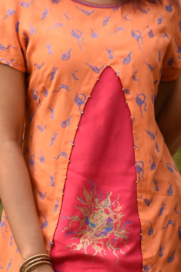 Orange Linen Printed Top with Skirt; Handicrafts; Kay Kraft; Bangladesh; Fashion; Textiles; Bangladeshi Fashion