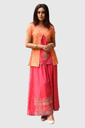 Orange Linen Printed Top with Skirt; Handicrafts; Kay Kraft; Bangladesh; Fashion; Textiles;