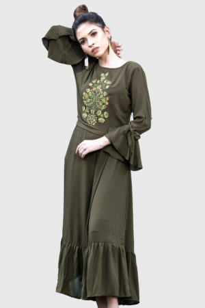 Olive Georgette Karchupi Ornamented Long Kurti; Handicrafts; Kay Kraft; Bangladesh; Fashion; Textiles;