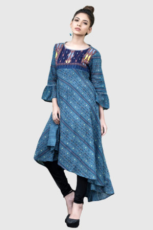 Blue Cotton Printed Tie-Dyed Long Kurti; Handicrafts; Kay Kraft; Bangladesh; Fashion; Textiles;