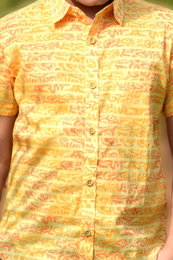 Yellow Cotton Printed Casual Shirt for Boys; Handicrafts; Kay Kraft; Bangladesh; Fashion; Textiles; Bangladeshi Fashion