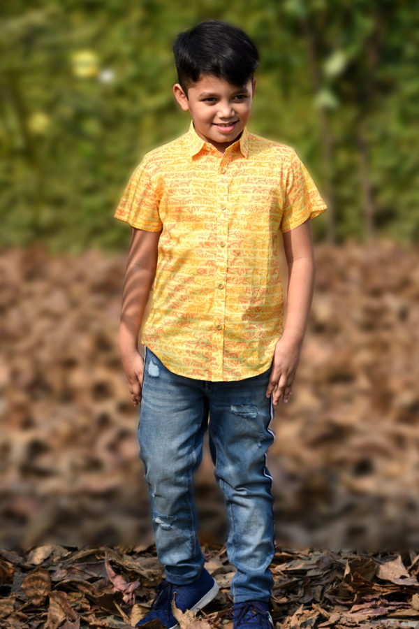 Yellow Cotton Printed Casual Shirt for Boys; Handicrafts; Kay Kraft; Bangladesh; Fashion; Textiles; Bangladeshi Fashion