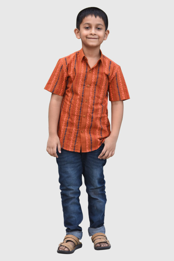 Brick Red Cotton Printed Casual Shirt for Boys; Handicrafts; Kay Kraft; Bangladesh; Fashion; Textiles; Bangladeshi Fashion