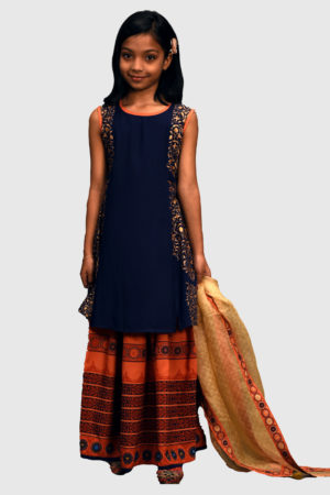 Navy Blue Linen Printed, Embroidered & Tie-dyed Lehenga for Junior Girls