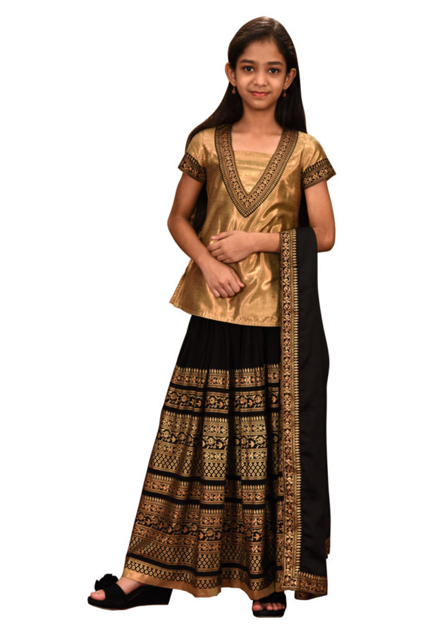 Golden Linen Printed & Tie-Dyed Lehenga for Junior Girls; Handicrafts; Kay Kraft; Bangladesh; Fashion; Textiles; Bangladeshi Fashion