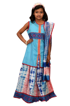 Turquoise Cotton Printed & Tie-dyed Lehenga for Junior Girls; Handicrafts; Kay Kraft; Bangladesh; Fashion; Textiles; Bangladeshi Fashion
