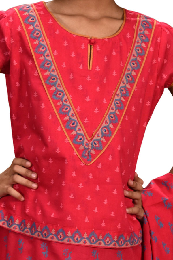 Brick Red Cotton Printed Salwar Kameez for Junior Girls
