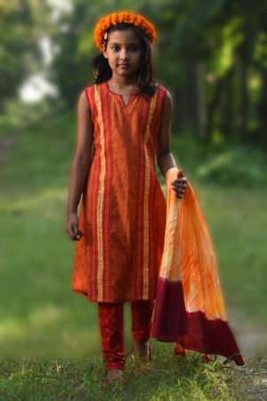 Brick Red Cotton Printed, Embroidered & Tie-dyed Lehenga for Junior Girls; Handicrafts; Kay Kraft; Bangladesh; Fashion; Textiles; Bangladeshi Fashion