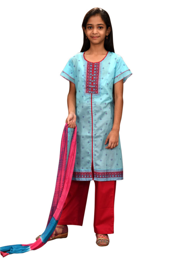 Turquoise Cotton Printed & Tie-Dyed Salwar Kameez for Junior Girls