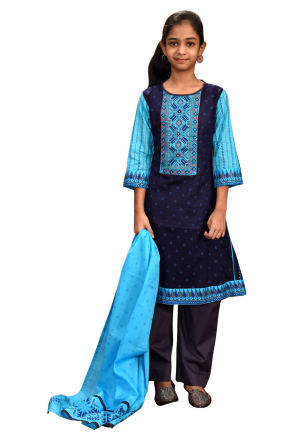 Blue Cotton Printed & Embroidered Salwar Kameez for Junior Girls