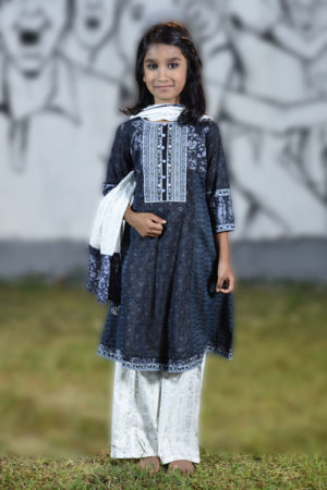 Black Cotton Printed, Embroidered & Tie-Dyed Salwar Kameez for Junior Girls; Handicrafts; Kay Kraft; Bangladesh; Fashion; Textiles; Bangladeshi Fashion