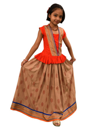 Caramel Linen Printed Top with Skirt for Junior Girls; Handicrafts; Kay Kraft; Bangladesh; Fashion; Textiles; Bangladeshi Fashion