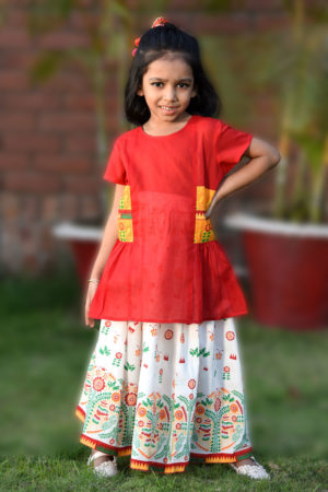 Red Cotton Printed & Embroidered Top with Skirt for Junior Girls; Handicrafts; Kay Kraft; Bangladesh; Fashion; Textiles; Bangladeshi Fashion