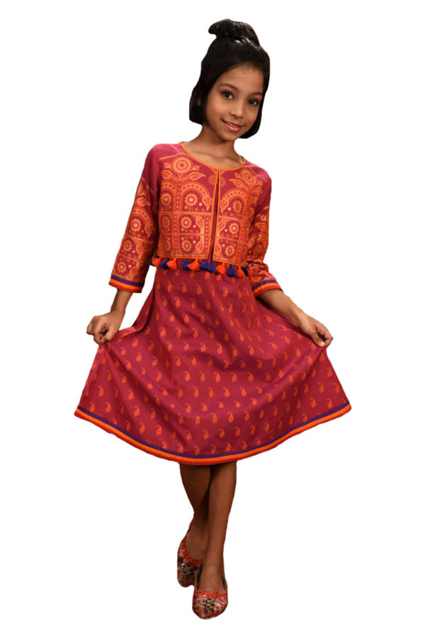 Brick Red Cotton Printed Top for Junior Girls; Handicrafts; Kay Kraft; Bangladesh; Fashion; Textiles; Bangladeshi Fashion