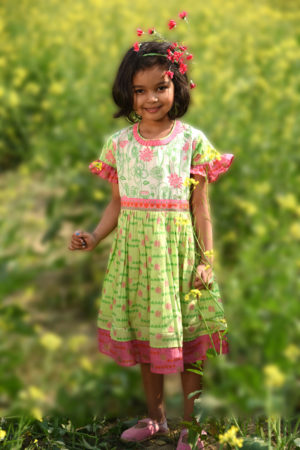Parrot Green Cotton Printed Top for Junior Girls; Handicrafts; Kay Kraft; Bangladesh; Fashion; Textiles; Bangladeshi Fashion