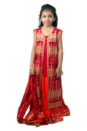 Voile Printed Red Lehenga Set for Girls